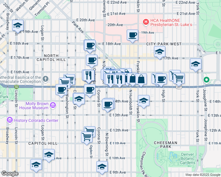 map of restaurants, bars, coffee shops, grocery stores, and more near 1150 East Colfax Avenue in Denver