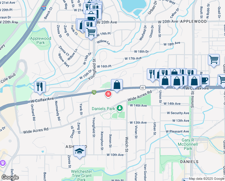 map of restaurants, bars, coffee shops, grocery stores, and more near 12600 West Colfax Avenue in Lakewood
