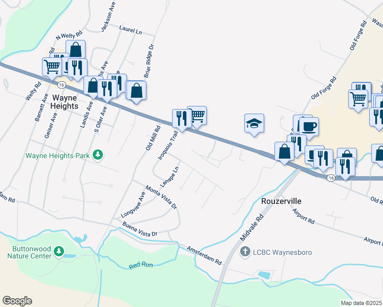 map of restaurants, bars, coffee shops, grocery stores, and more near 10588 Sunburst Gardens Drive in Waynesboro