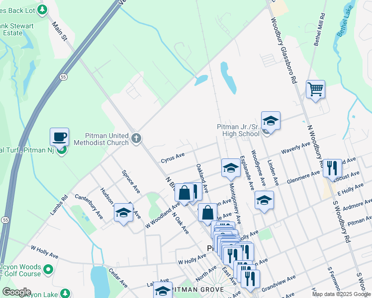 map of restaurants, bars, coffee shops, grocery stores, and more near 72 Cyrus Avenue in Pitman