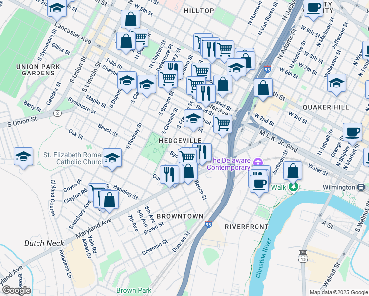map of restaurants, bars, coffee shops, grocery stores, and more near South Harrison Street in Wilmington