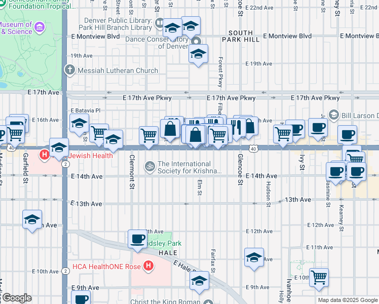 map of restaurants, bars, coffee shops, grocery stores, and more near 1465 Elm Street in Denver