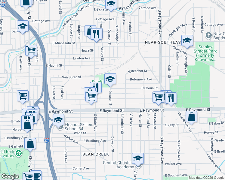 map of restaurants, bars, coffee shops, grocery stores, and more near 2020 Dawson Street in Indianapolis