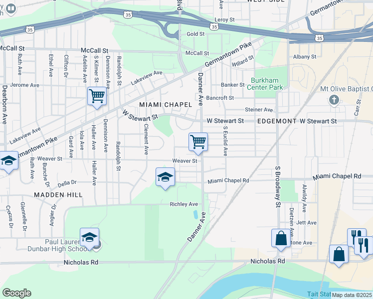 map of restaurants, bars, coffee shops, grocery stores, and more near 1638 Tampa Avenue in Dayton