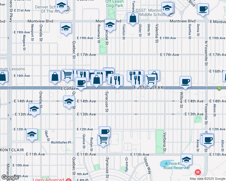 map of restaurants, bars, coffee shops, grocery stores, and more near 1441 Spruce Street in Denver