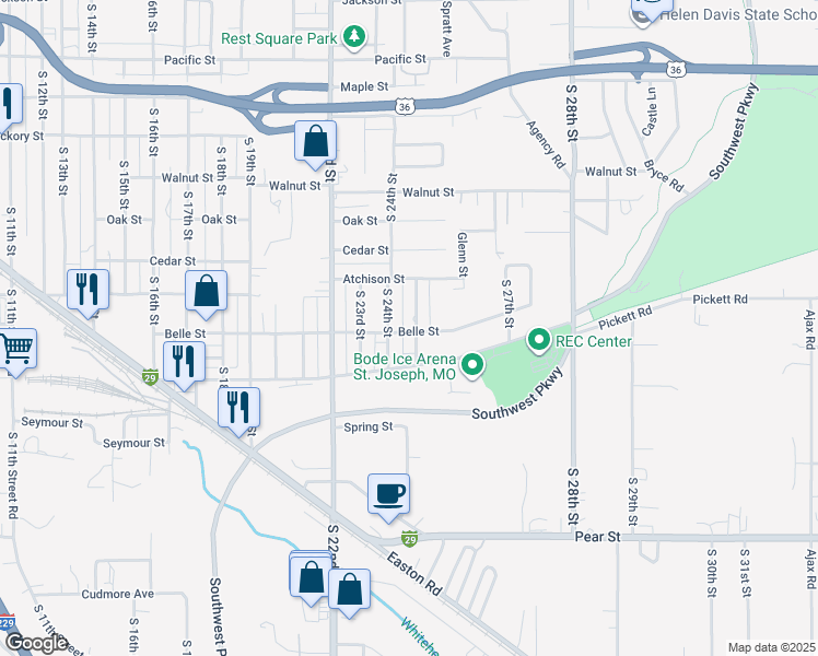 map of restaurants, bars, coffee shops, grocery stores, and more near 2803 South 24th Street in Saint Joseph