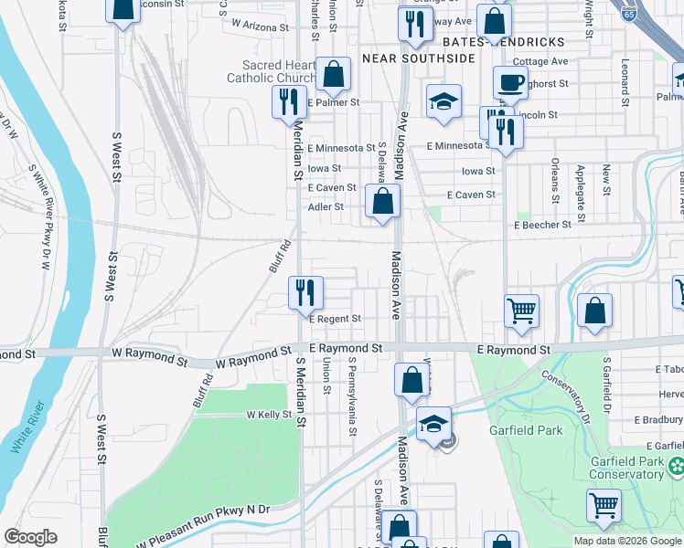 map of restaurants, bars, coffee shops, grocery stores, and more near 65 Schiller Street in Indianapolis