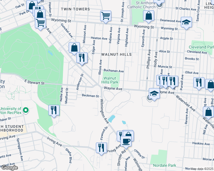 map of restaurants, bars, coffee shops, grocery stores, and more near 2318 Wayne Avenue in Dayton
