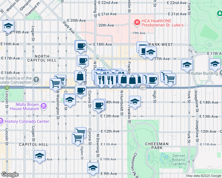map of restaurants, bars, coffee shops, grocery stores, and more near 1452 North Marion Street in Denver