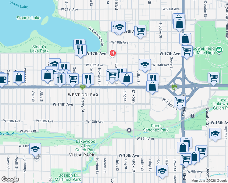 map of restaurants, bars, coffee shops, grocery stores, and more near 1456 Lowell Boulevard in Denver