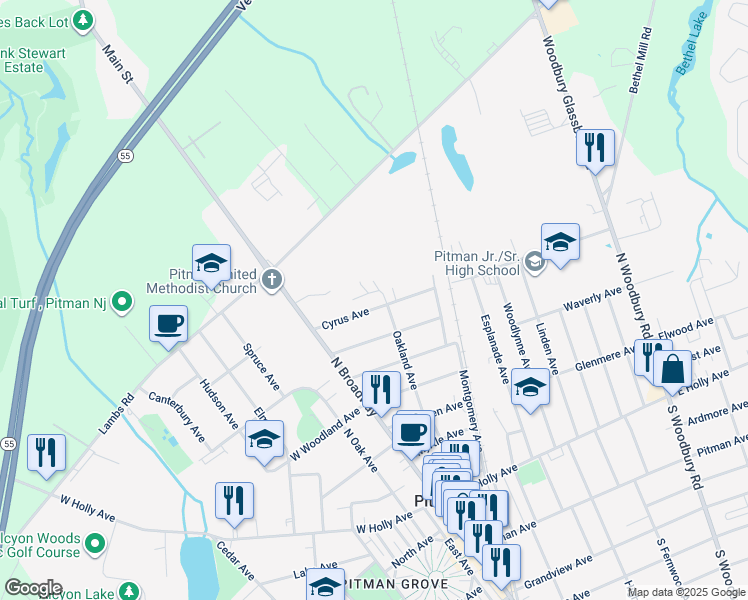 map of restaurants, bars, coffee shops, grocery stores, and more near 72 Cyrus Avenue in Pitman