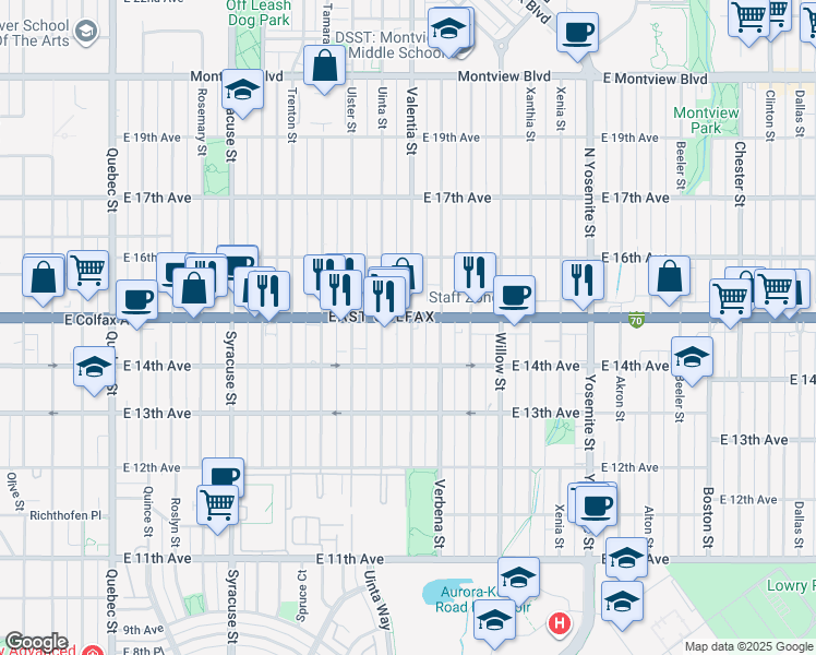 map of restaurants, bars, coffee shops, grocery stores, and more near in Denver