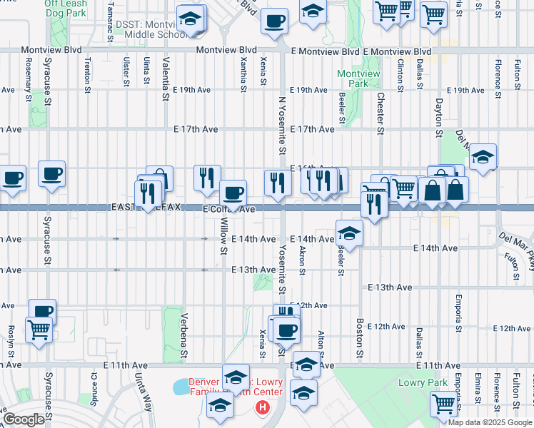 map of restaurants, bars, coffee shops, grocery stores, and more near 1474 Xenia Street in Denver