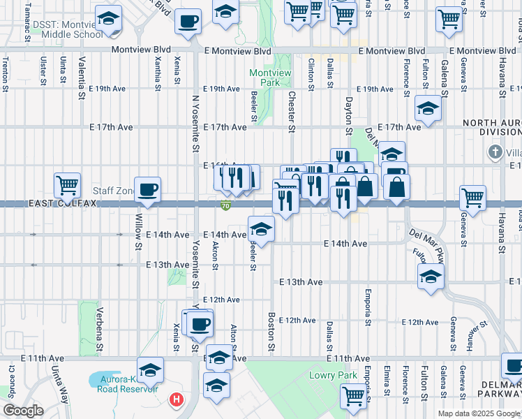 map of restaurants, bars, coffee shops, grocery stores, and more near 1478 Boston Street in Aurora