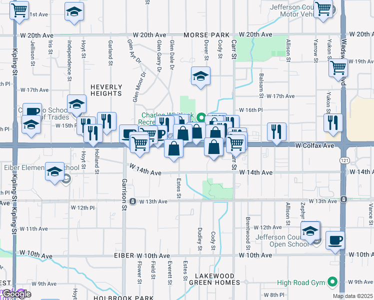 map of restaurants, bars, coffee shops, grocery stores, and more near 8700 Interstate 70 Business Loop in Lakewood