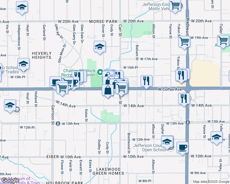 map of restaurants, bars, coffee shops, grocery stores, and more near 8460 West Colfax Avenue in Lakewood