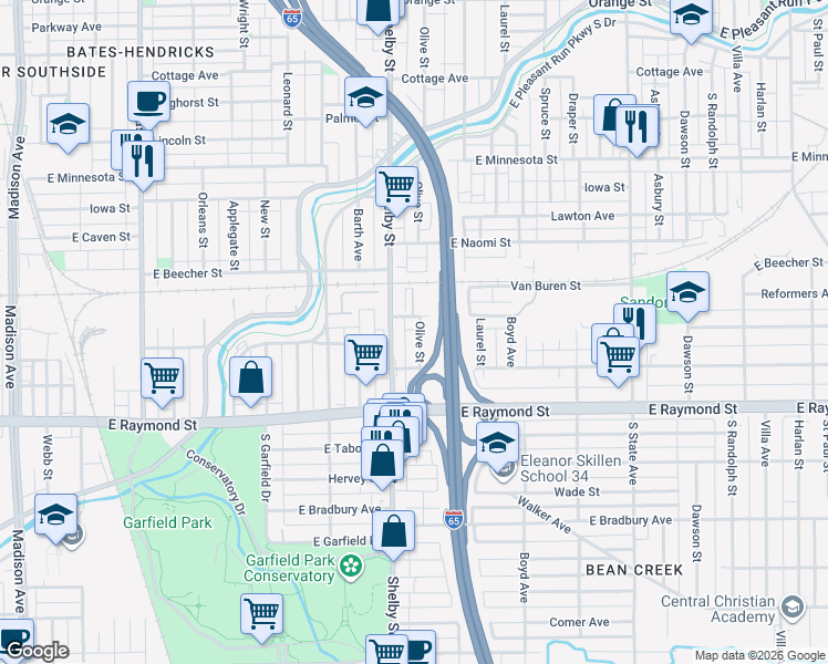 map of restaurants, bars, coffee shops, grocery stores, and more near 2032 South Olive Street in Indianapolis