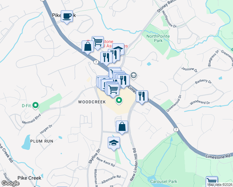 map of restaurants, bars, coffee shops, grocery stores, and more near 4700 Limestone Road in Wilmington
