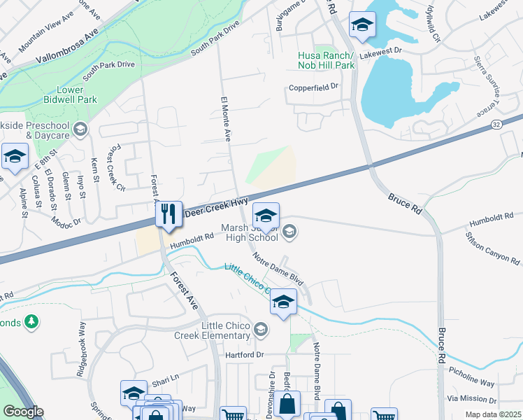 map of restaurants, bars, coffee shops, grocery stores, and more near 15 Morning Rose Way in Chico