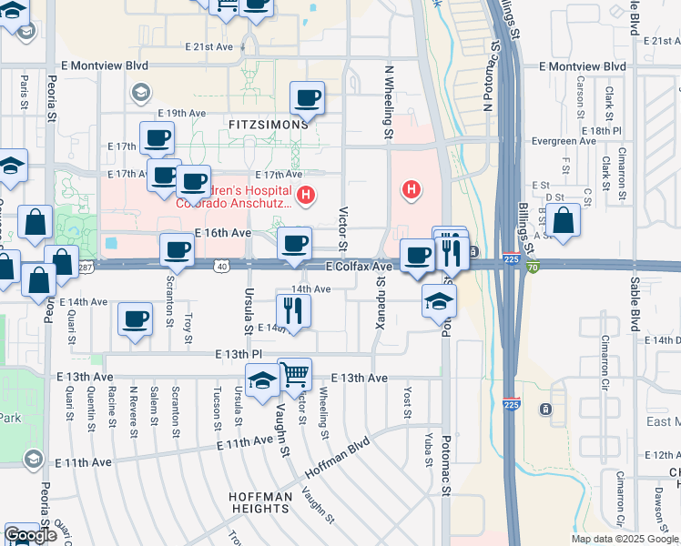 map of restaurants, bars, coffee shops, grocery stores, and more near 13400 U.S. 40 in Aurora