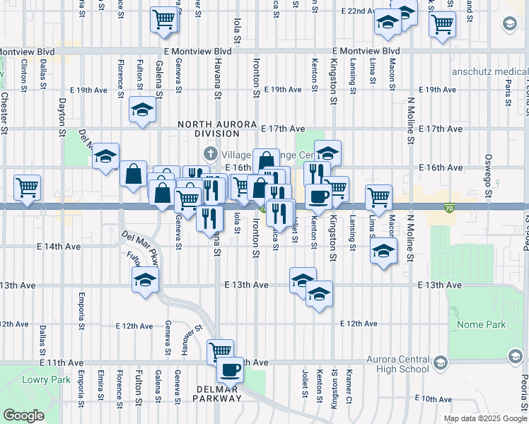 map of restaurants, bars, coffee shops, grocery stores, and more near in Aurora