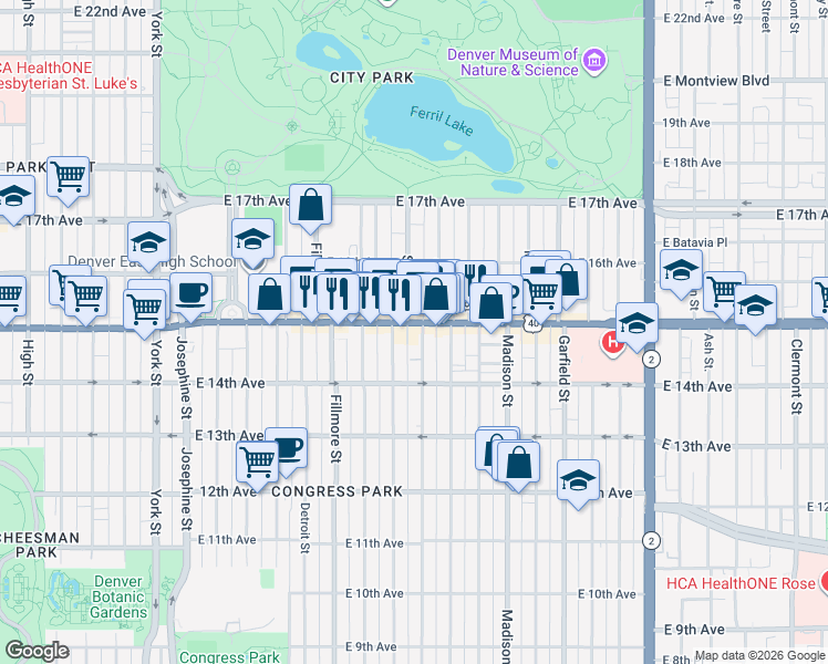 map of restaurants, bars, coffee shops, grocery stores, and more near in Denver