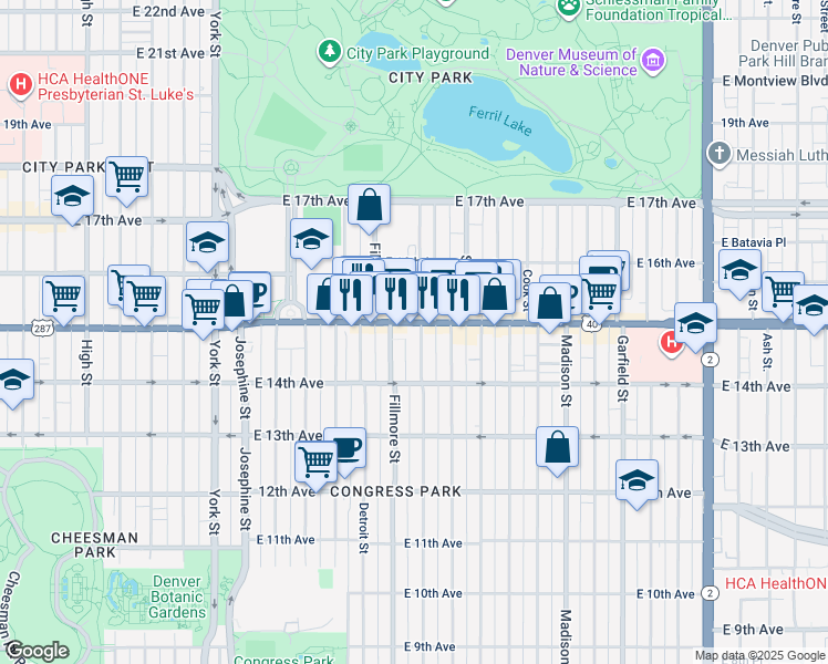 map of restaurants, bars, coffee shops, grocery stores, and more near 1461 Milwaukee Street in Denver