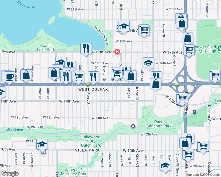 map of restaurants, bars, coffee shops, grocery stores, and more near 1449 Meade Street in Denver