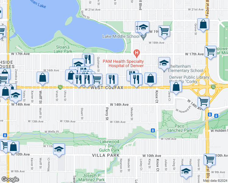 map of restaurants, bars, coffee shops, grocery stores, and more near 1454 Perry Street in Denver