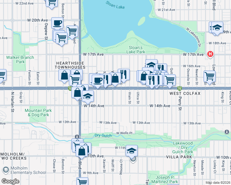 map of restaurants, bars, coffee shops, grocery stores, and more near 1461 Winona Court in Denver