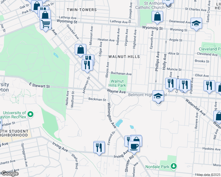 map of restaurants, bars, coffee shops, grocery stores, and more near 2318 Wayne Avenue in Dayton