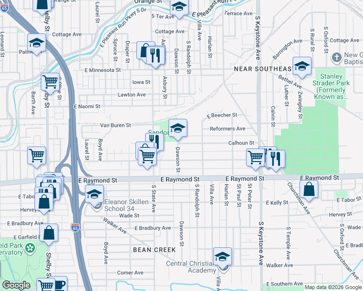 map of restaurants, bars, coffee shops, grocery stores, and more near 2020 Dawson Street in Indianapolis