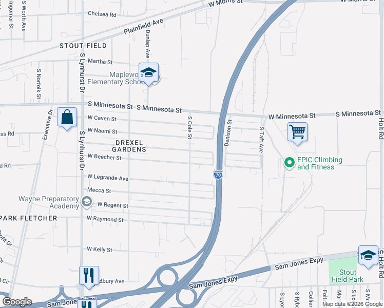 map of restaurants, bars, coffee shops, grocery stores, and more near 4822 West Beecher Street in Indianapolis