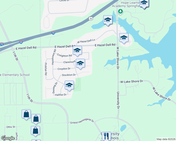 map of restaurants, bars, coffee shops, grocery stores, and more near 2100-2298 Stockton Drive in Springfield