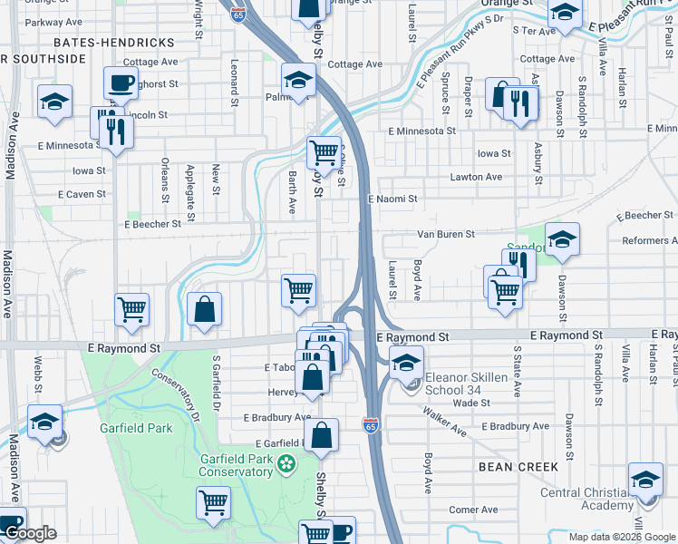 map of restaurants, bars, coffee shops, grocery stores, and more near 2032 South Olive Street in Indianapolis