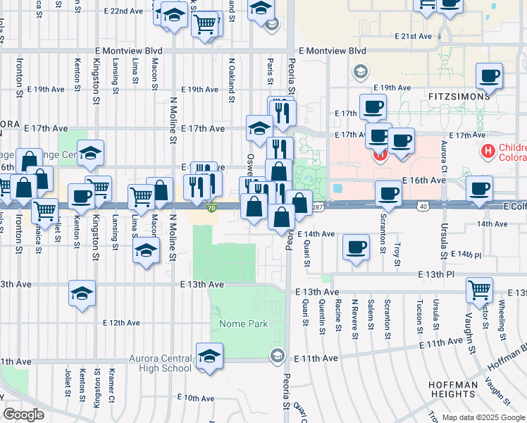 map of restaurants, bars, coffee shops, grocery stores, and more near 11940 East Colfax Avenue in Aurora