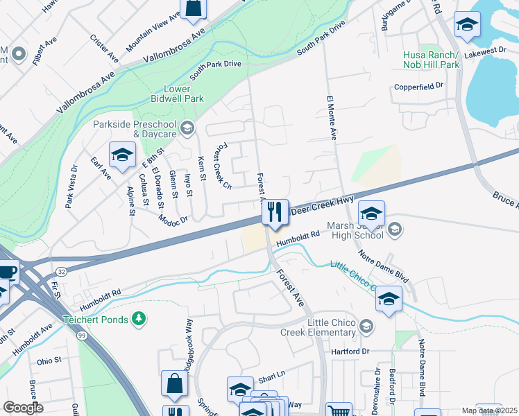 map of restaurants, bars, coffee shops, grocery stores, and more near 5 Greg Court in Chico