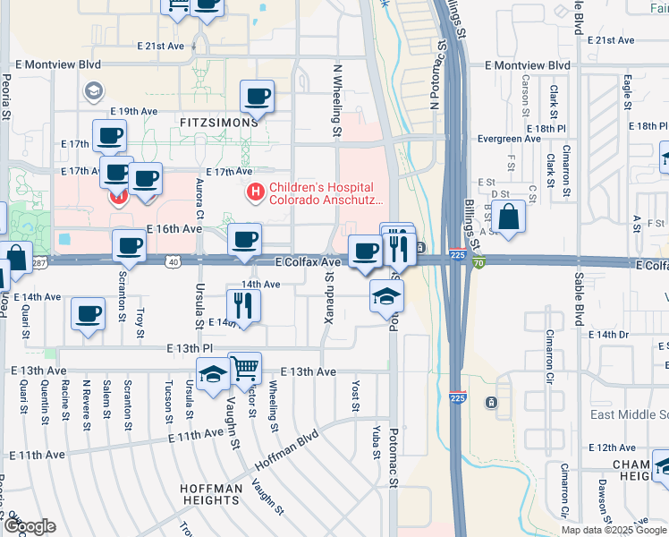 map of restaurants, bars, coffee shops, grocery stores, and more near 13650 East Colfax Avenue in Aurora