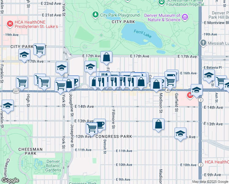 map of restaurants, bars, coffee shops, grocery stores, and more near 1461 Milwaukee Street in Denver