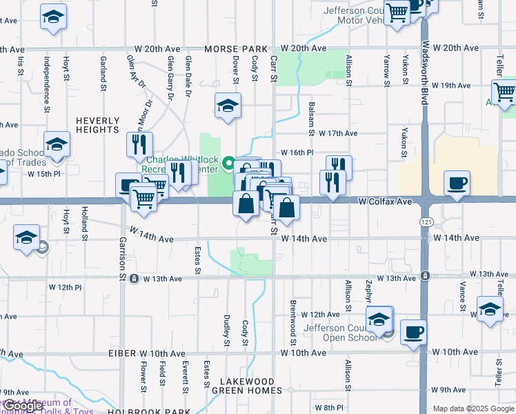 map of restaurants, bars, coffee shops, grocery stores, and more near 8460 West Colfax Avenue in Lakewood