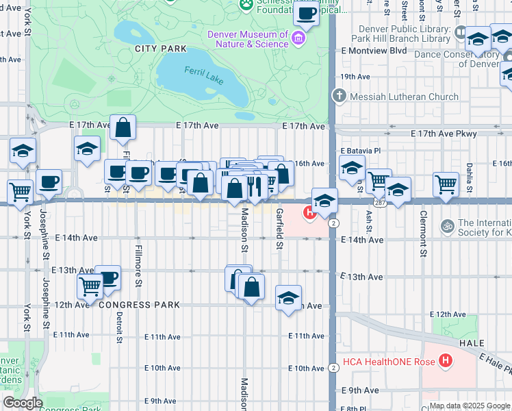 map of restaurants, bars, coffee shops, grocery stores, and more near in Denver