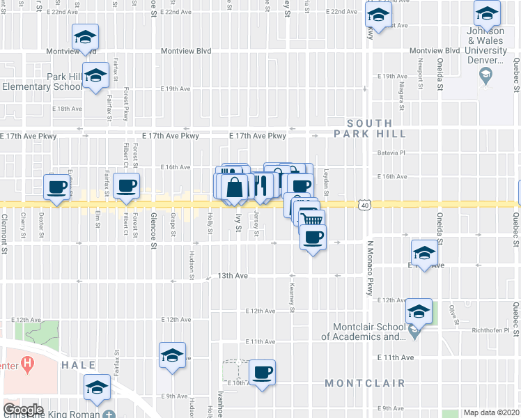 map of restaurants, bars, coffee shops, grocery stores, and more near 1454 Jersey Street in Denver