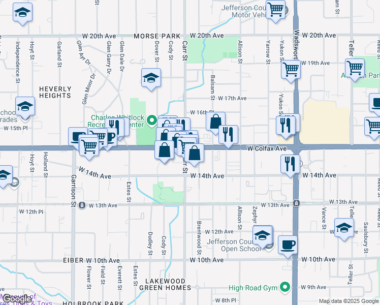 map of restaurants, bars, coffee shops, grocery stores, and more near 1475 Brentwood Street in Lakewood