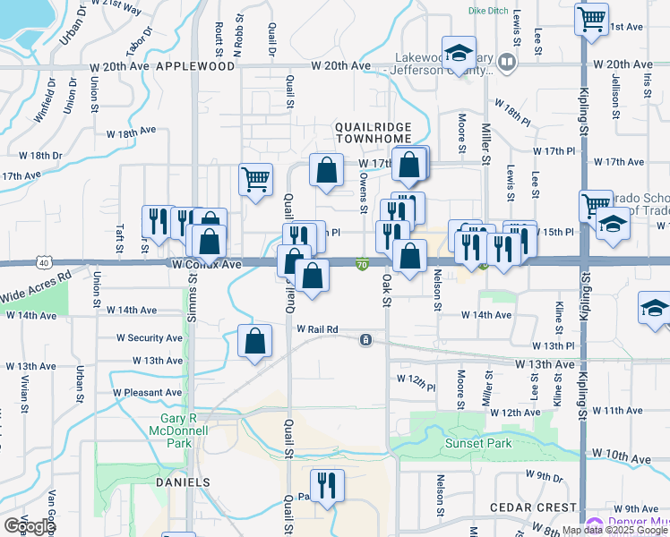 map of restaurants, bars, coffee shops, grocery stores, and more near 11080 West Colfax Avenue in Lakewood