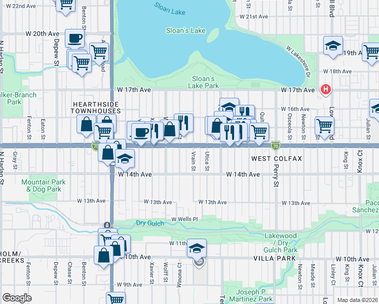 map of restaurants, bars, coffee shops, grocery stores, and more near 1453 Vrain Street in Denver