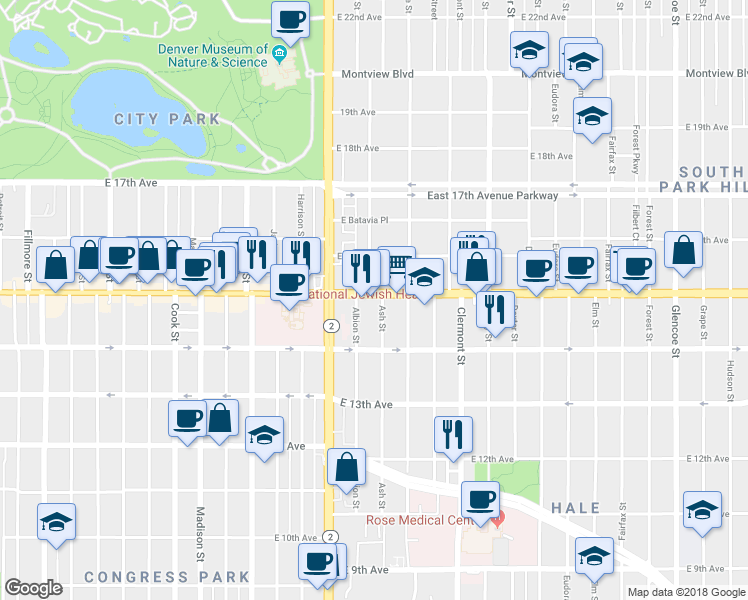 map of restaurants, bars, coffee shops, grocery stores, and more near 4122 East Colfax Avenue in Denver