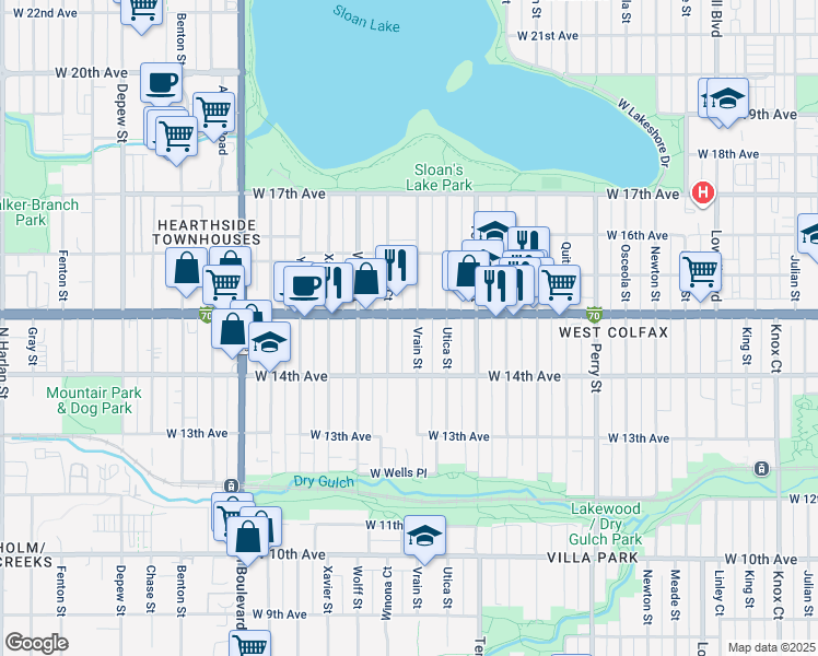 map of restaurants, bars, coffee shops, grocery stores, and more near 1453 Vrain Street in Denver