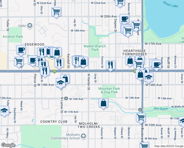 map of restaurants, bars, coffee shops, grocery stores, and more near 1453 Gray Street in Lakewood