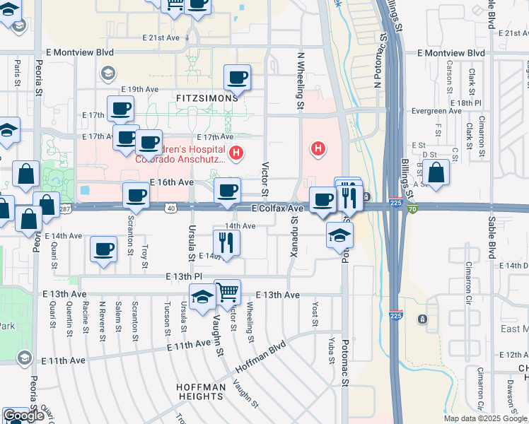 map of restaurants, bars, coffee shops, grocery stores, and more near 13400 U.S. Highway 40 in Aurora