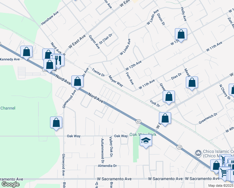map of restaurants, bars, coffee shops, grocery stores, and more near 1332 Rossetti Lane in Chico